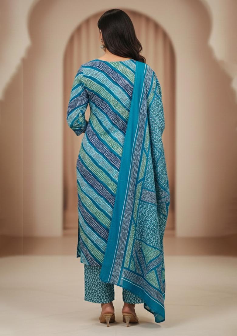 Blue Embroidery Cotton Kurta Set - Indya