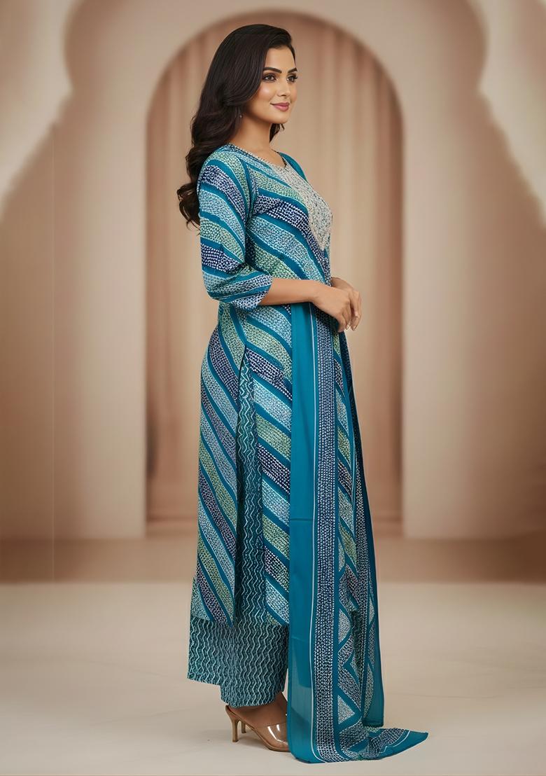 Blue Embroidery Cotton Kurta Set - Indya