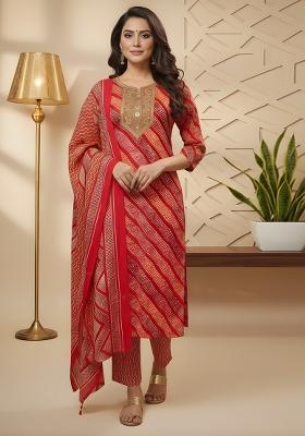 Red Embroidery Cotton Kurta Set