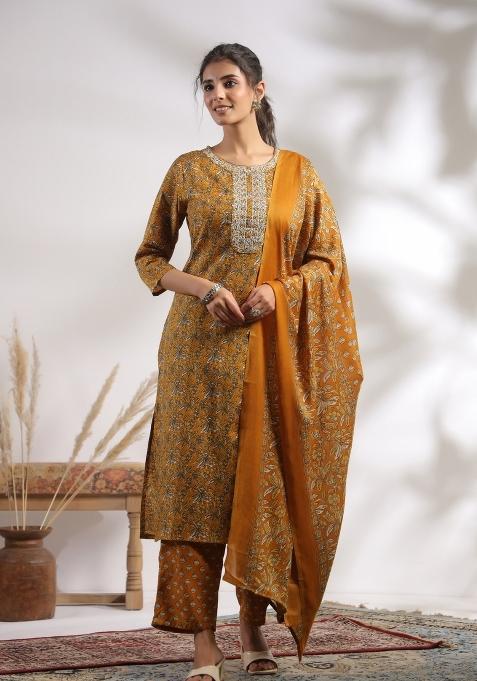 Mustard Embroidery Cotton Kurta Set