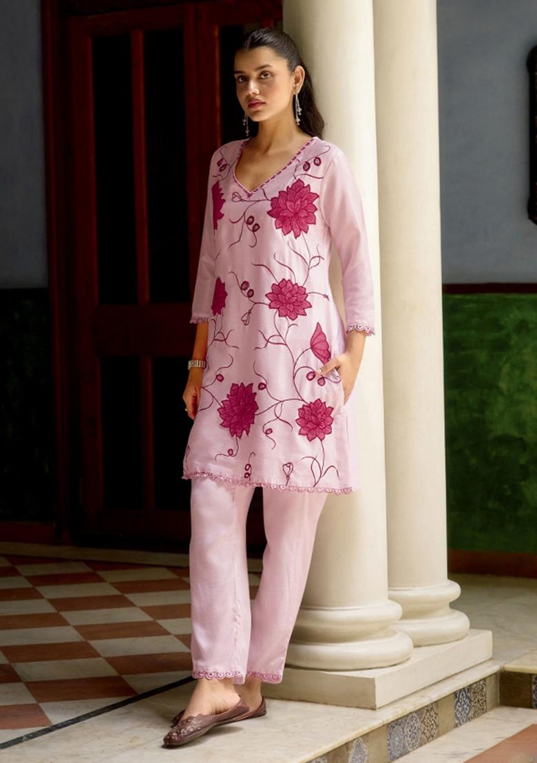 Pink Embroidery Tissue Kurta Set - Indya