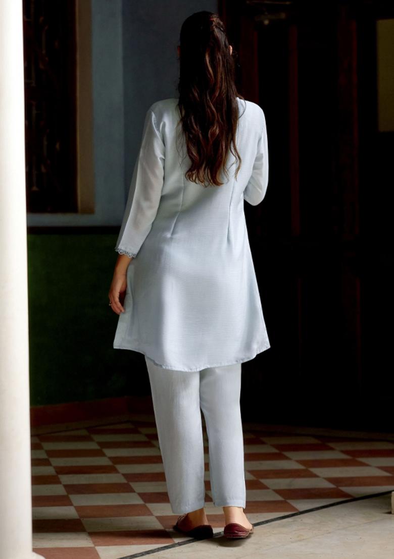 Sky Blue Embroidery Tissue Kurta Set - Indya
