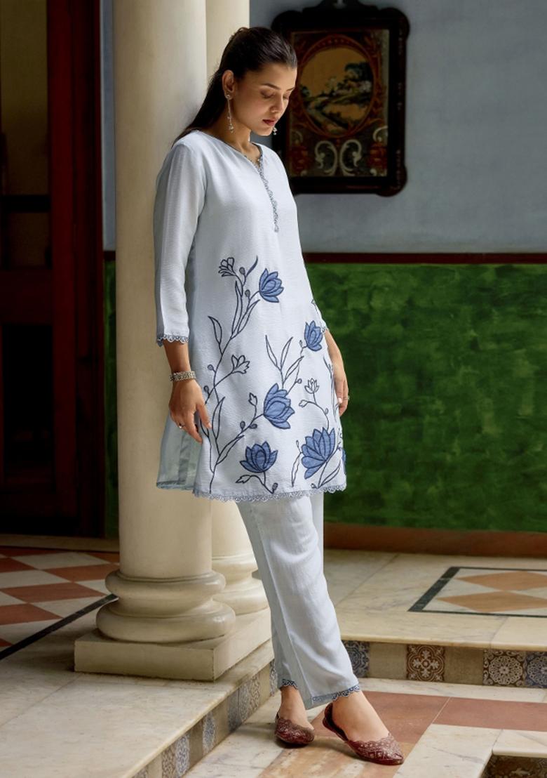 Sky Blue Embroidery Tissue Kurta Set - Indya