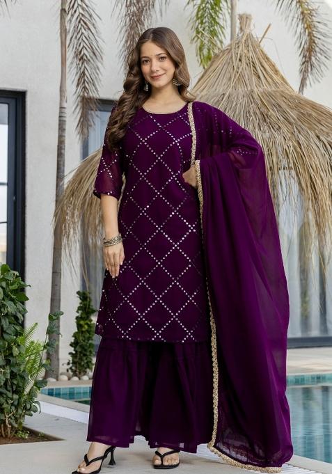 Wine Embroidery Georgette Kurta Set