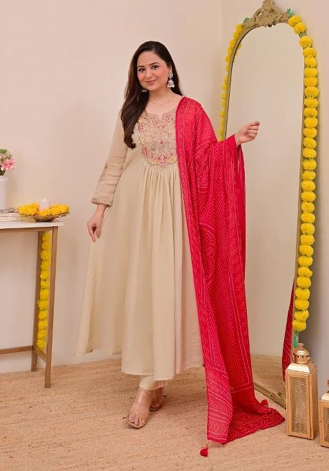 Cream Embroidery Chiffon Kurta Set
