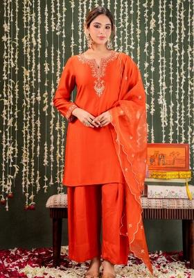 Orange Embroidery Chanderi Kurta Set