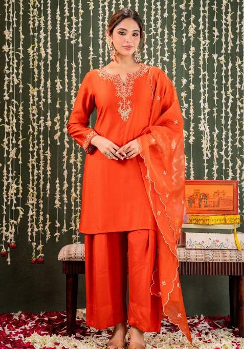 Orange Embroidery Chanderi Kurta Set