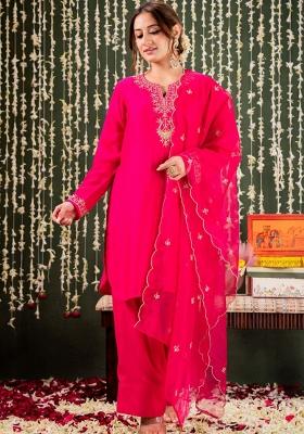 Pink Embroidery Chanderi Kurta Set