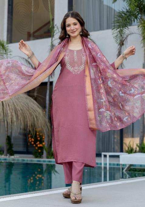 Mauve Embroidery Chanderi Kurta Set