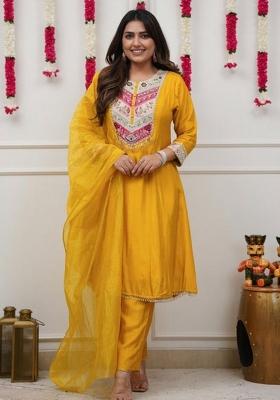 Yellow Embroidery Chanderi Kurta Set