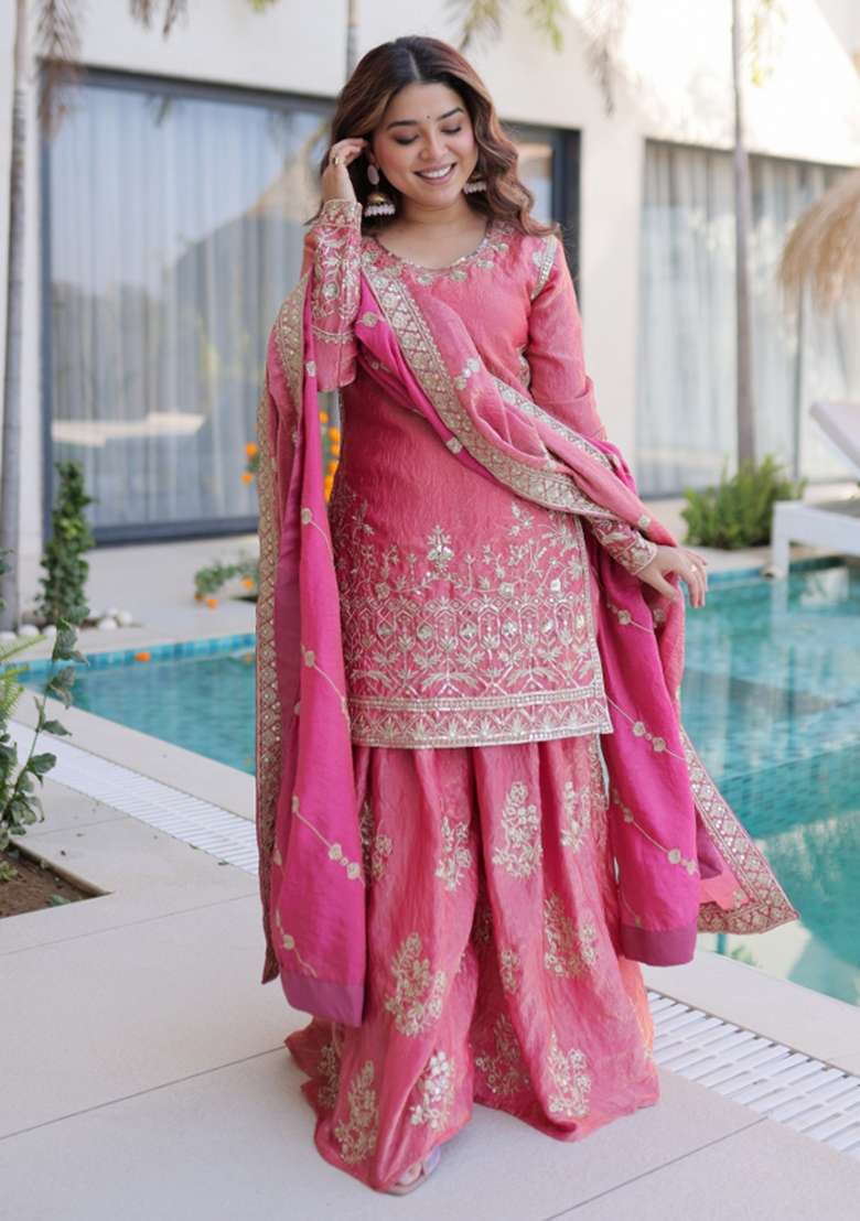 Pink Sequins Work Silk Kurta Set - Indya