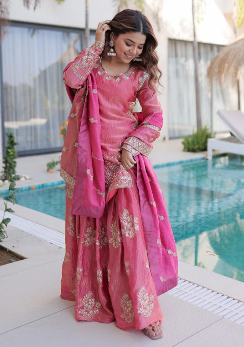 Pink Sequins Work Silk Kurta Set - Indya
