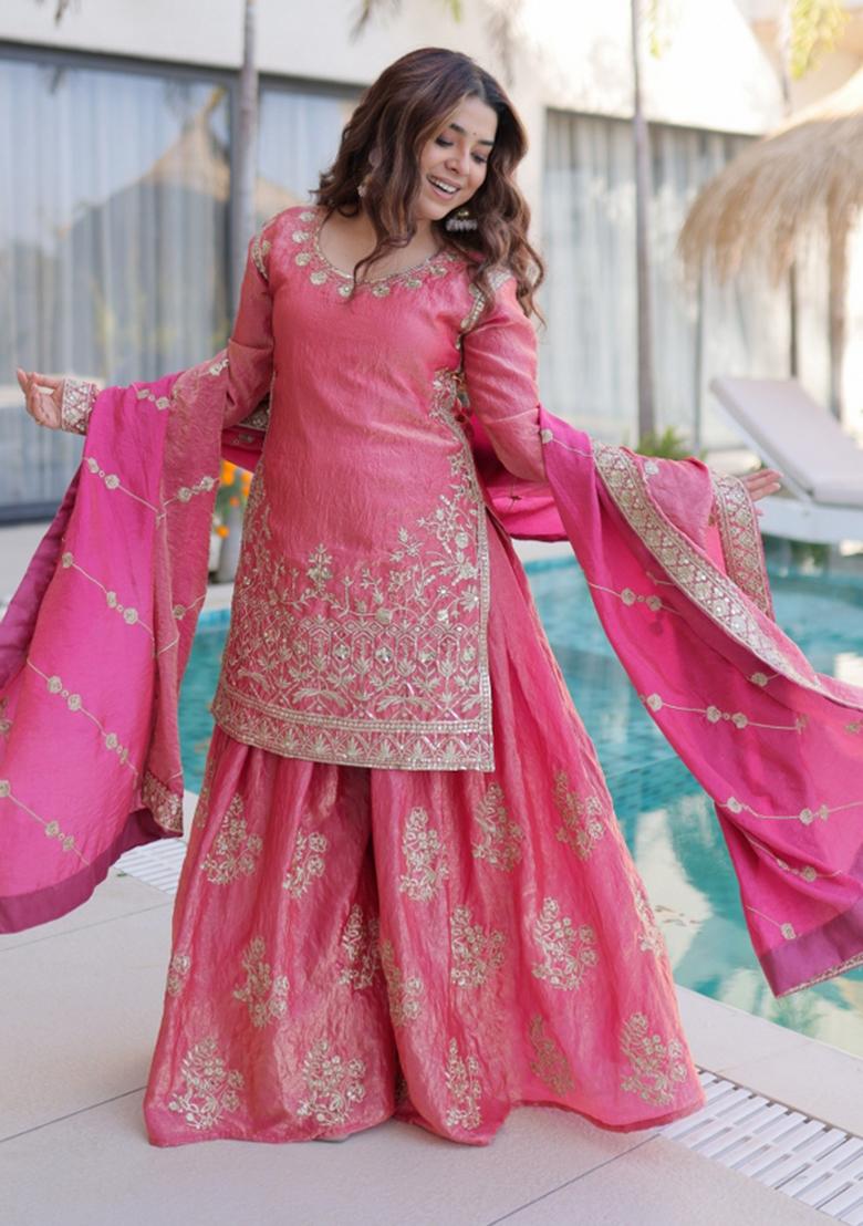 Pink Sequins Work Silk Kurta Set - Indya