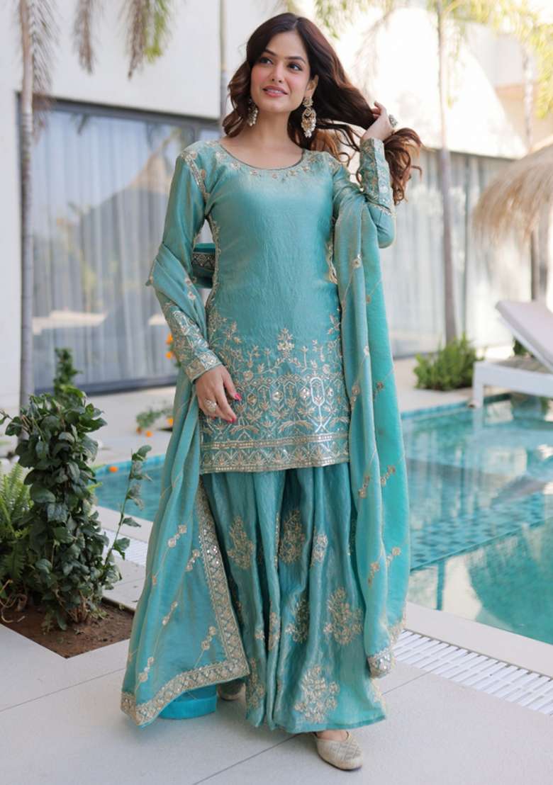 Sea Green Sequins Work Silk Kurta Set - Indya