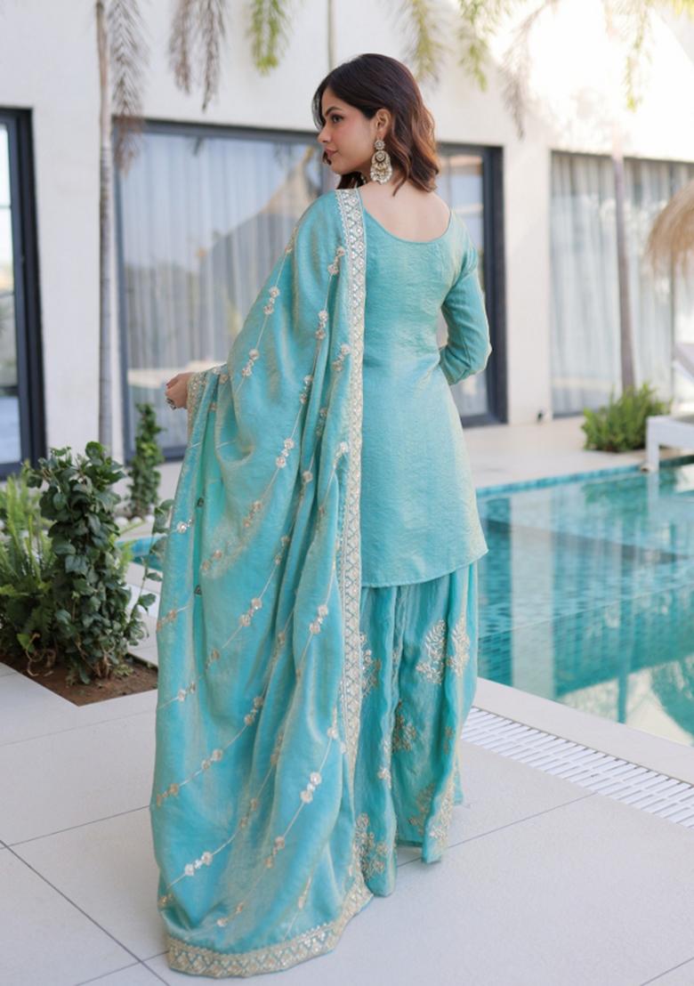 Sea Green Sequins Work Silk Kurta Set - Indya