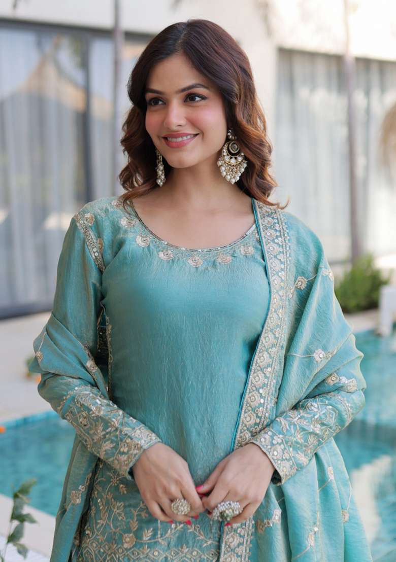 Sea Green Sequins Work Silk Kurta Set - Indya