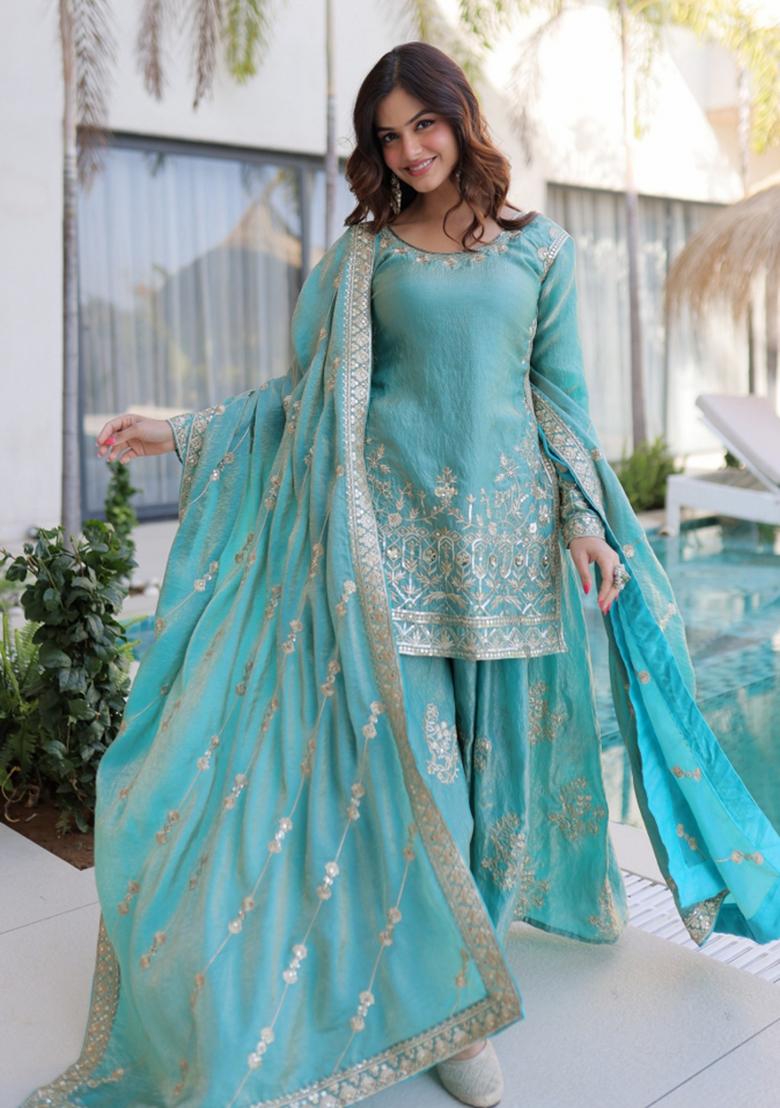 Sea Green Sequins Work Silk Kurta Set - Indya