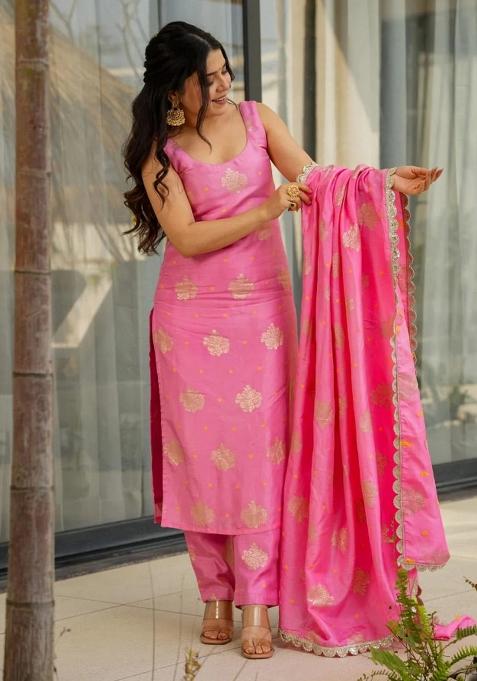 Pink Zari Work Chanderi Kurta Set