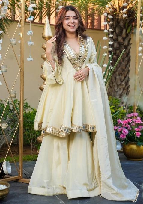 Cream Embroidery Chiffon Kurta Set