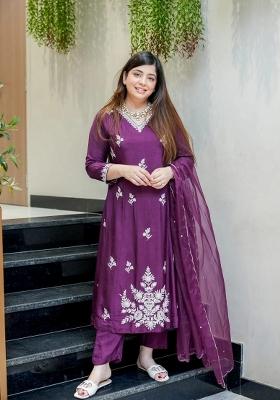 Wine Embroidery Silk Kurta Set