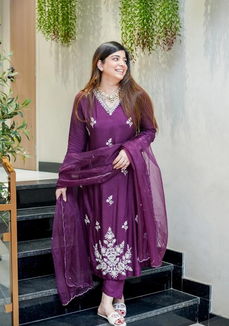 Wine Embroidery Silk Kurta Set - Indya