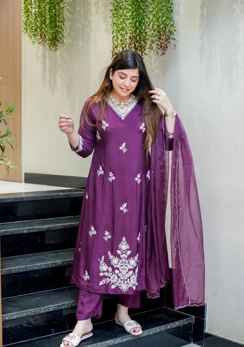 Wine Embroidery Silk Kurta Set - Indya