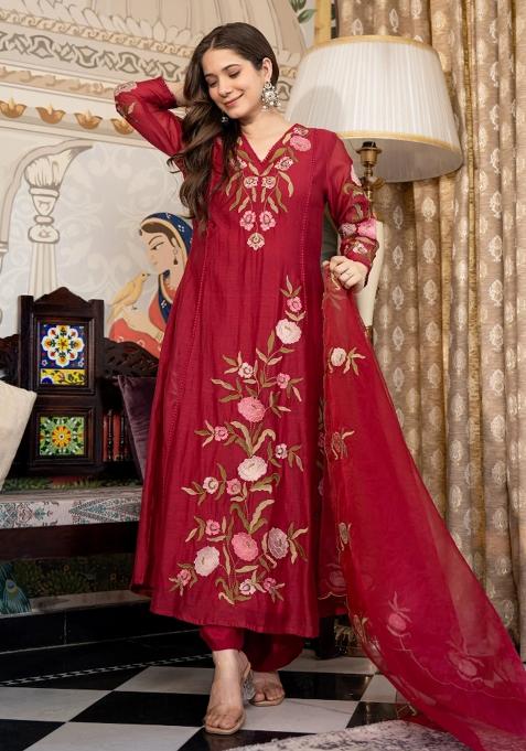 Maroon Embroidery Silk Kurta Set