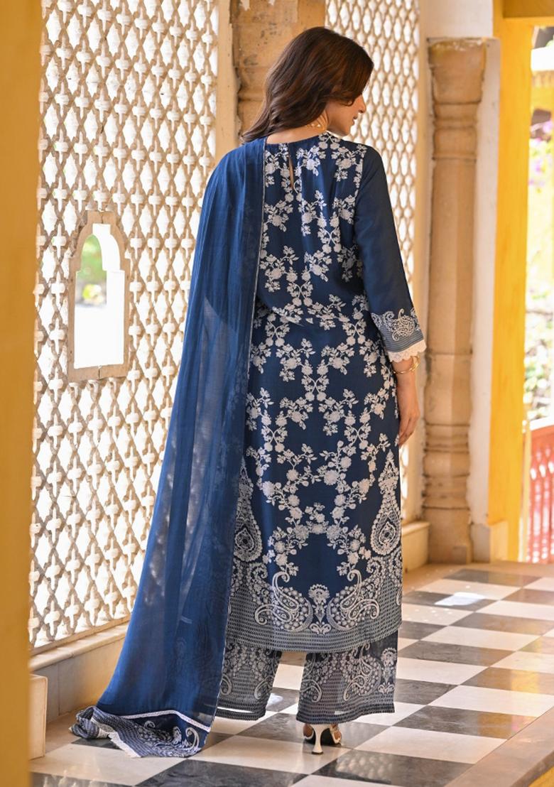 Teal Printed Silk Kurta Set - Indya