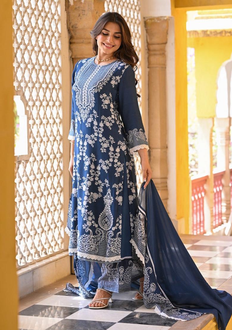 Teal Printed Silk Kurta Set - Indya