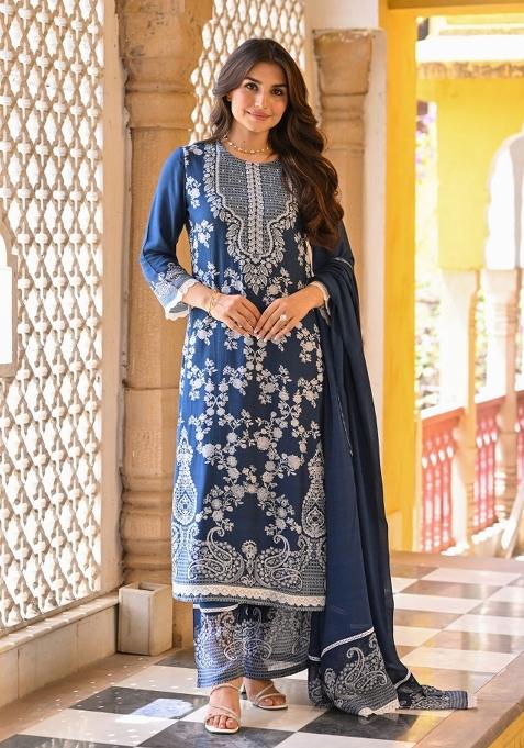 Teal Printed Silk Kurta Set