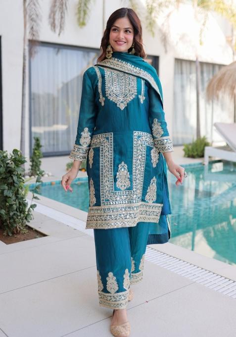 Green Sequins Work Silk Kurta Set