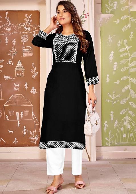 Black Embroidery Rayon Kurta Set