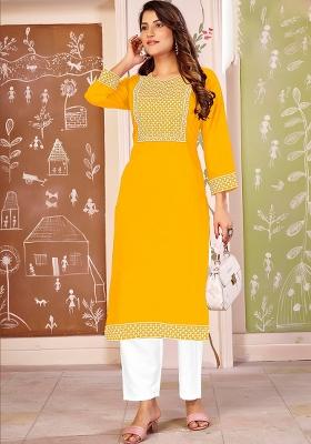 Yellow Embroidery Rayon Kurta Set