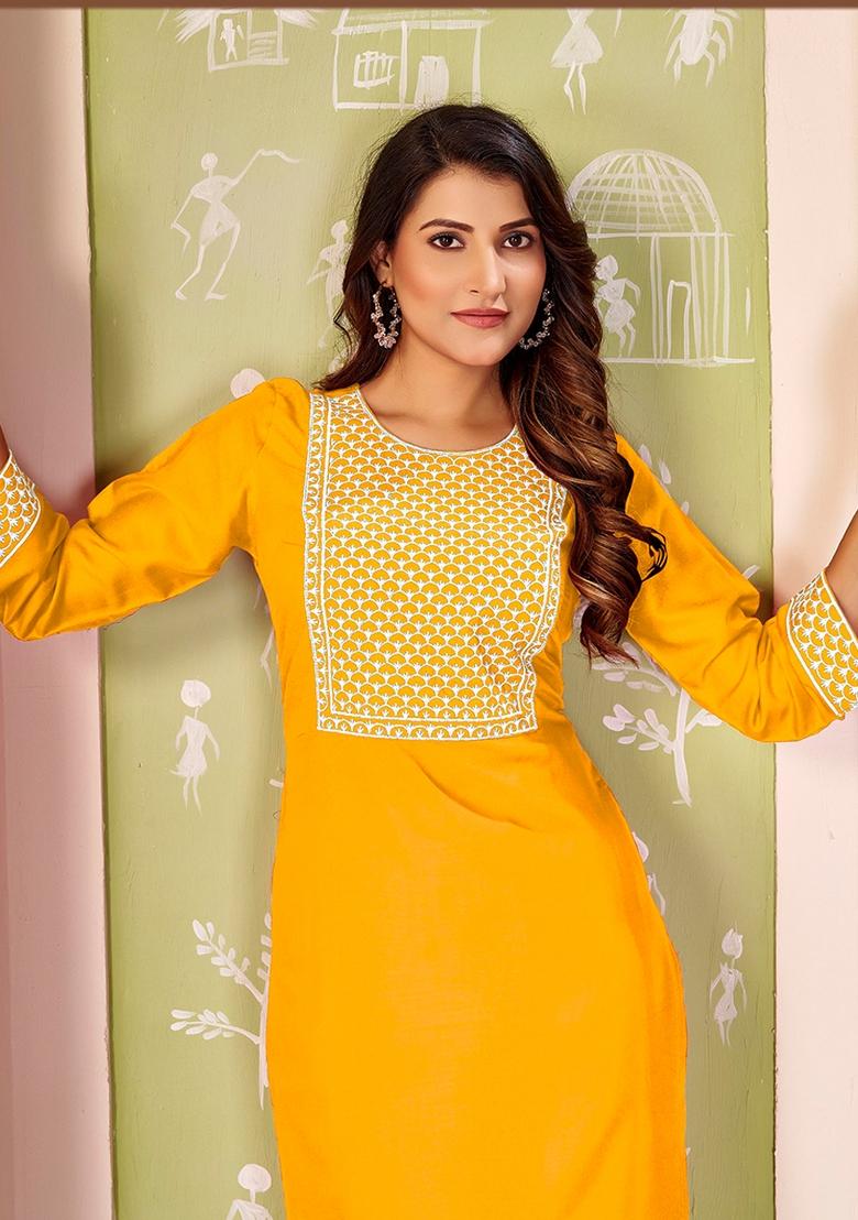 Yellow Embroidery Rayon Kurta Set - Indya
