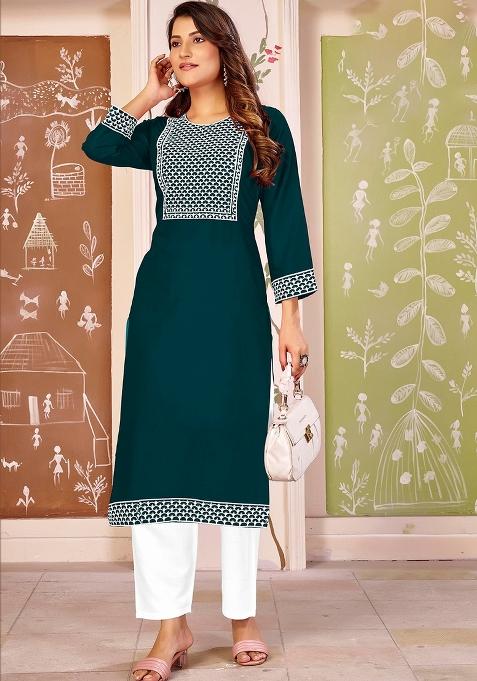 Green Embroidery Rayon Kurta Set