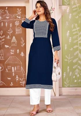 Blue Embroidery Rayon Kurta Set