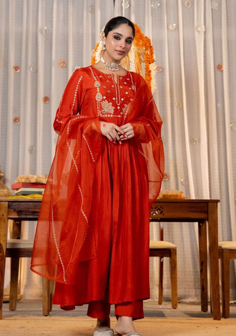Orange Embroidery Chanderi Kurta Set - Indya