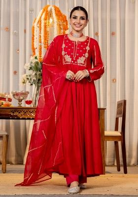 Red Embroidery Chanderi Kurta Set