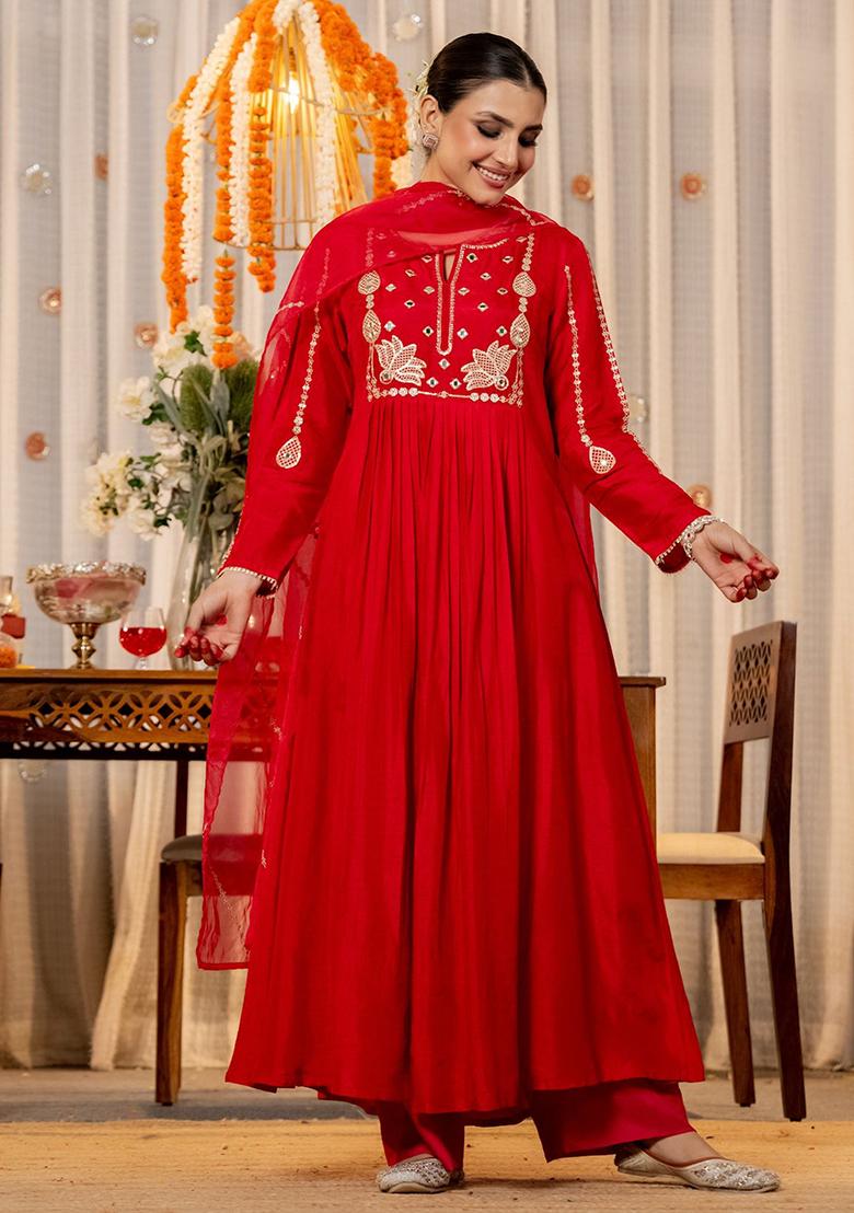 Red Embroidery Chanderi Kurta Set - Indya