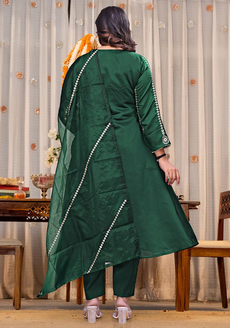 Green Embroidery Chanderi Kurta Set - Indya