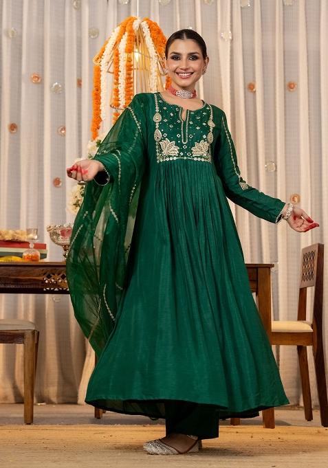 Green Embroidery Chanderi Kurta Set