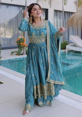 Sky Blue Sequins Work Silk Kurta Set