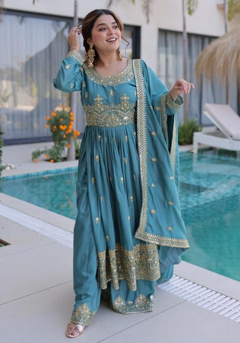 Sky Blue Sequins Work Silk Kurta Set