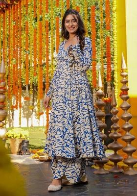 Blue Printed Silk Kurta Set