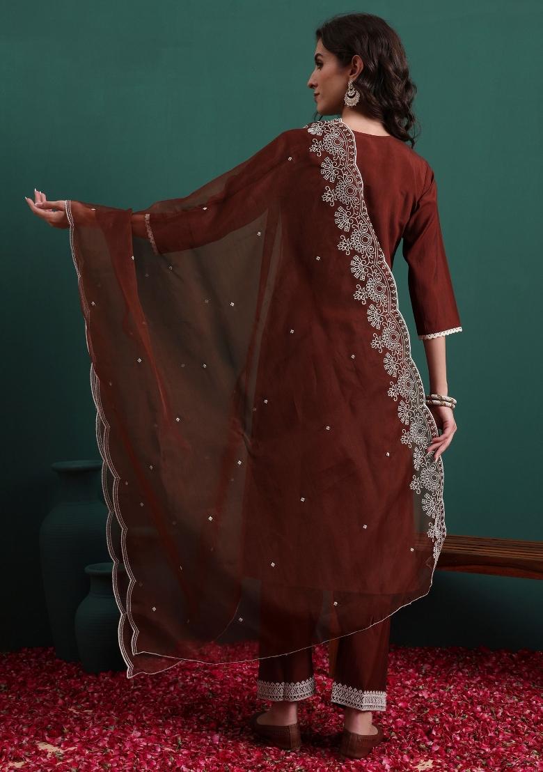 Coffee Embroidery Silk Kurta Set - Indya