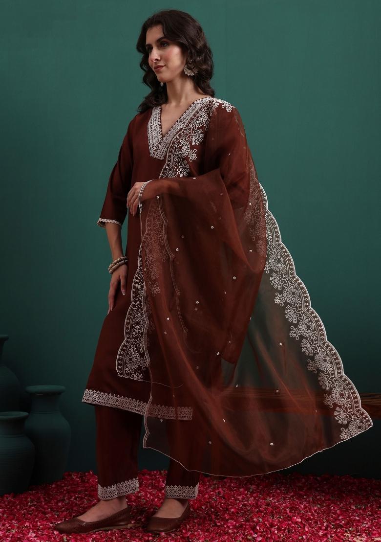 Coffee Embroidery Silk Kurta Set - Indya