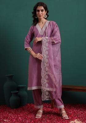 Lavender Embroidery Silk Kurta Set