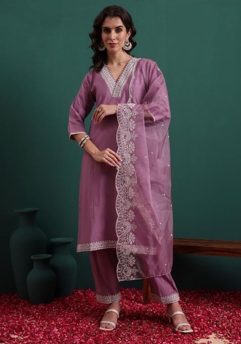 Lavender Embroidery Silk Kurta Set