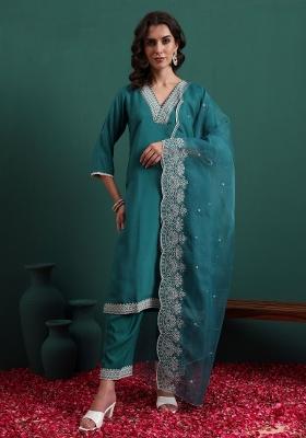 Green Embroidery Silk Kurta Set