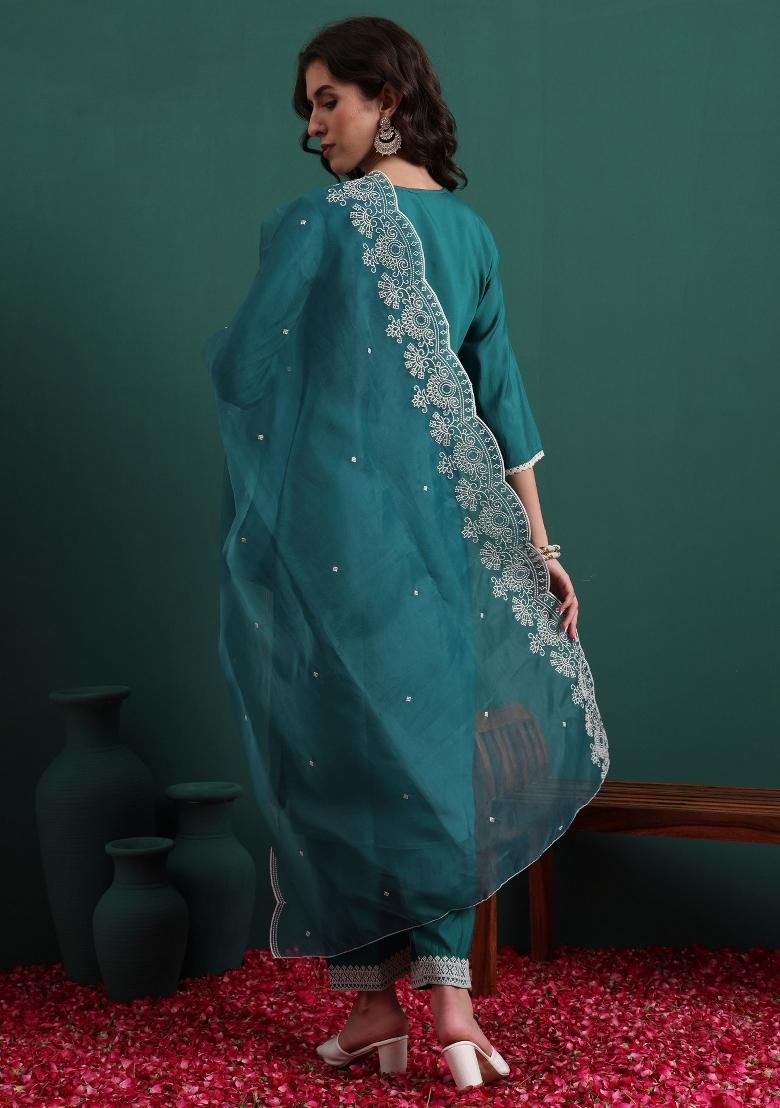 Green Embroidery Silk Kurta Set - Indya